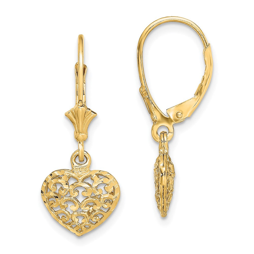 14k Yellow Gold 21.2 mm Diamond-cut Mini Puffed Heart Leverback Earrings (1.86 grams)
