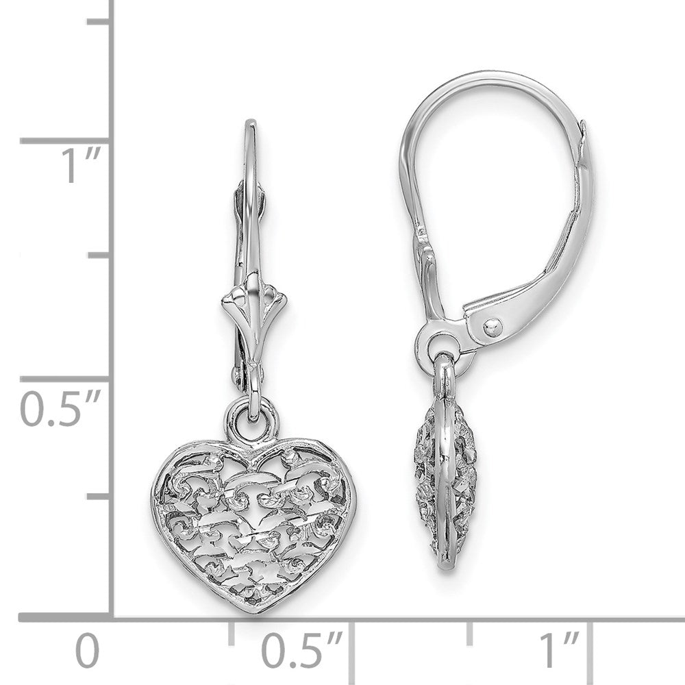 14k White Gold 10.7 mm 3-D Mini D/C Puffed Heart Leverback Earrings (2 grams)