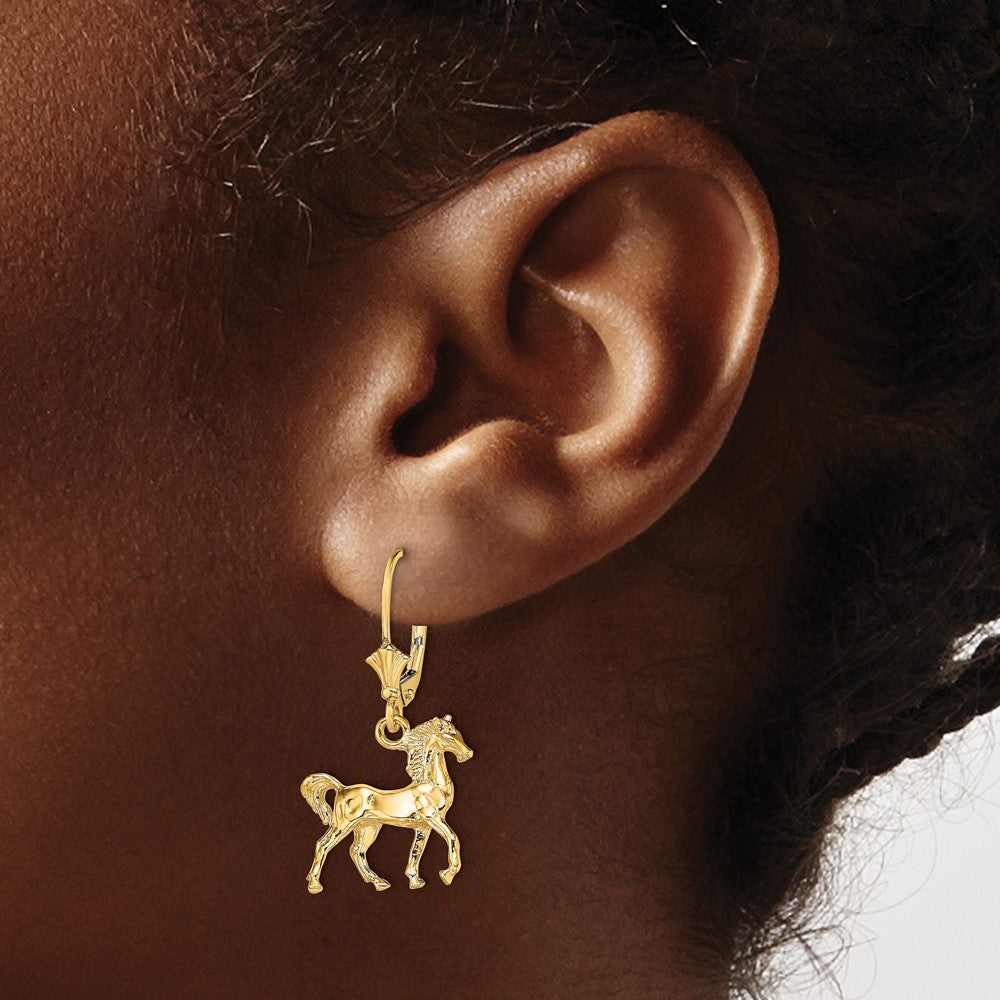 14k Yellow Gold 15.8 mm 3-D Polished Leverback Horse Earrings (3.93 grams)