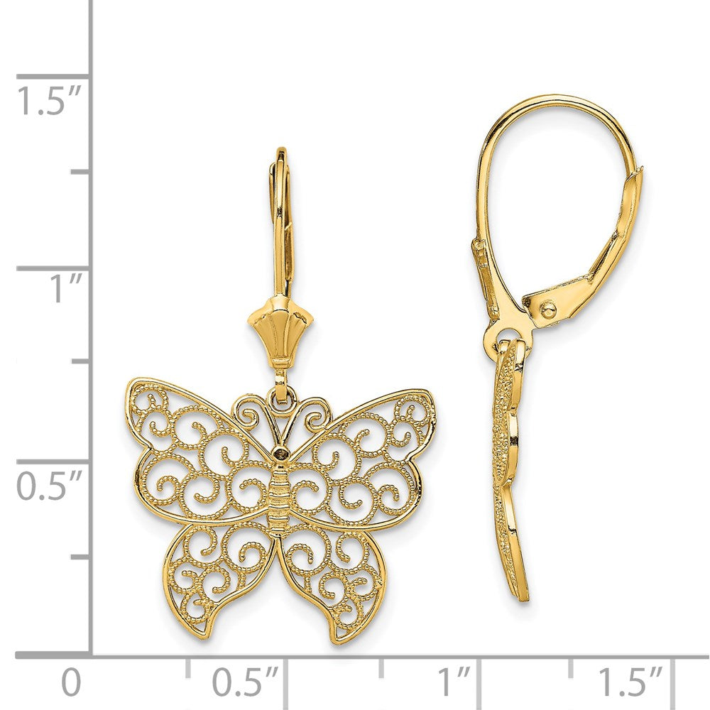 14k Yellow Gold 20.3 mm Butterfly w/ Beaded Filigree Wings Leverback Earrings (2.54 grams)