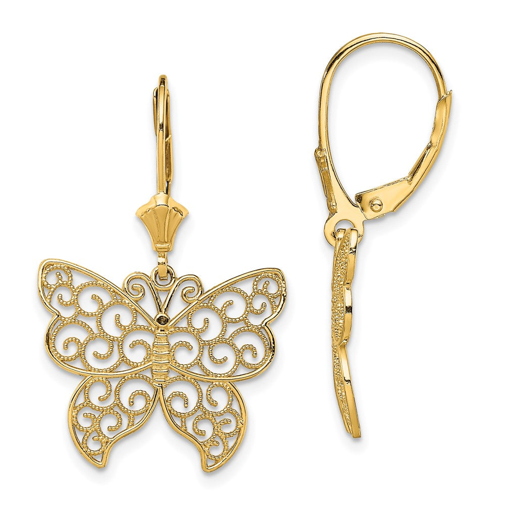 14k Yellow Gold 20.3 mm Butterfly w/ Beaded Filigree Wings Leverback Earrings (2.54 grams)