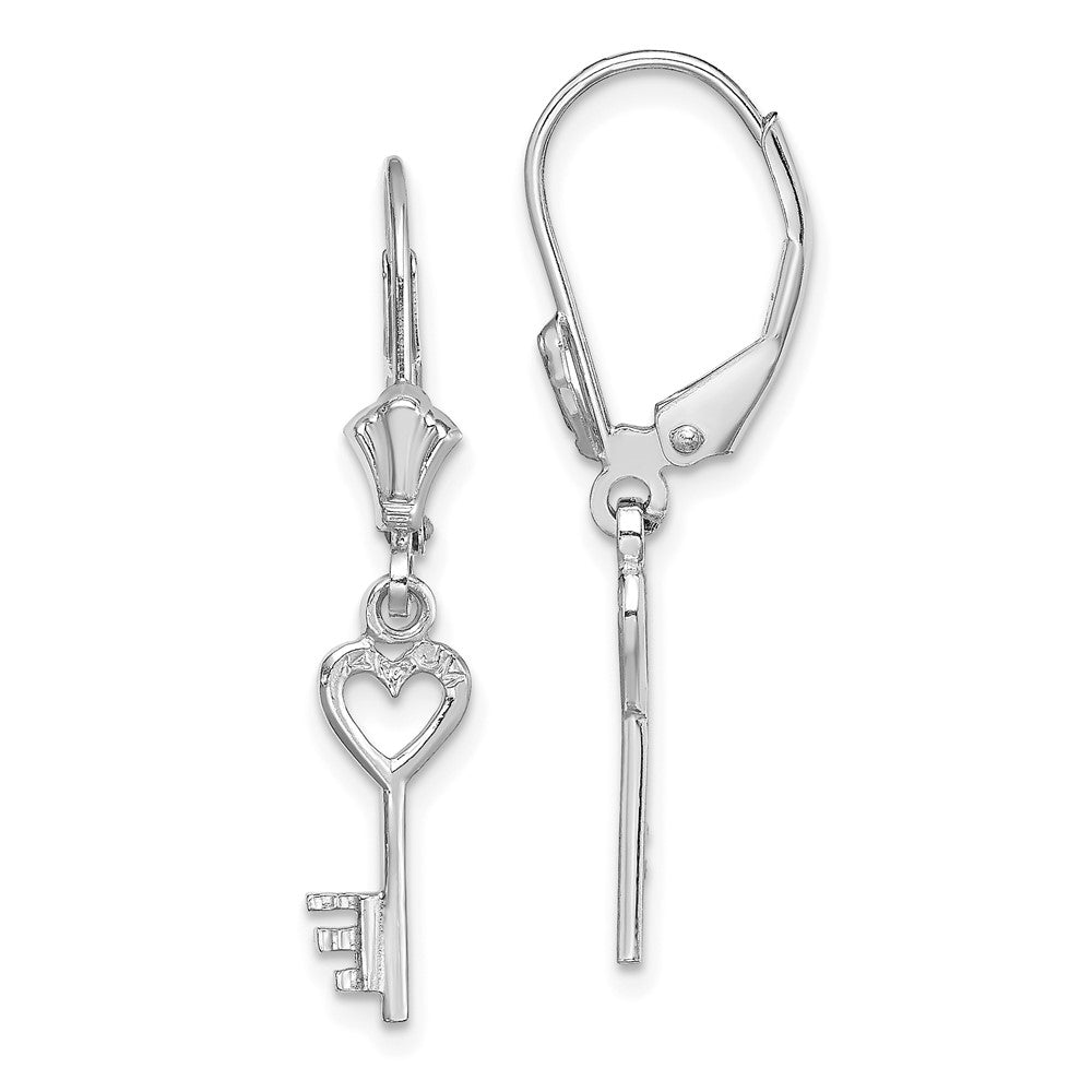 14k White Gold 4.3 mm Polished Heart Key Leverback Earrings (1.08 grams)
