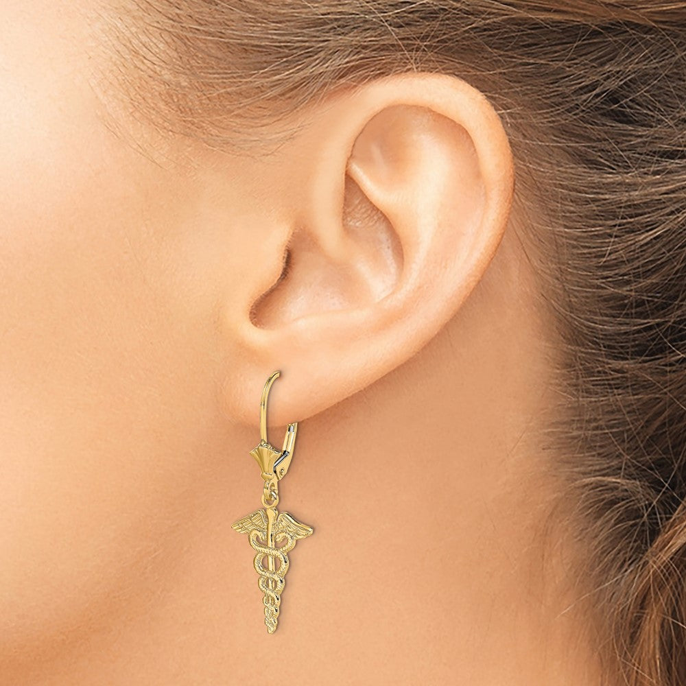 14k Yellow Gold 12.83 mm Caduceus Leverback Earrings (1.63 grams)