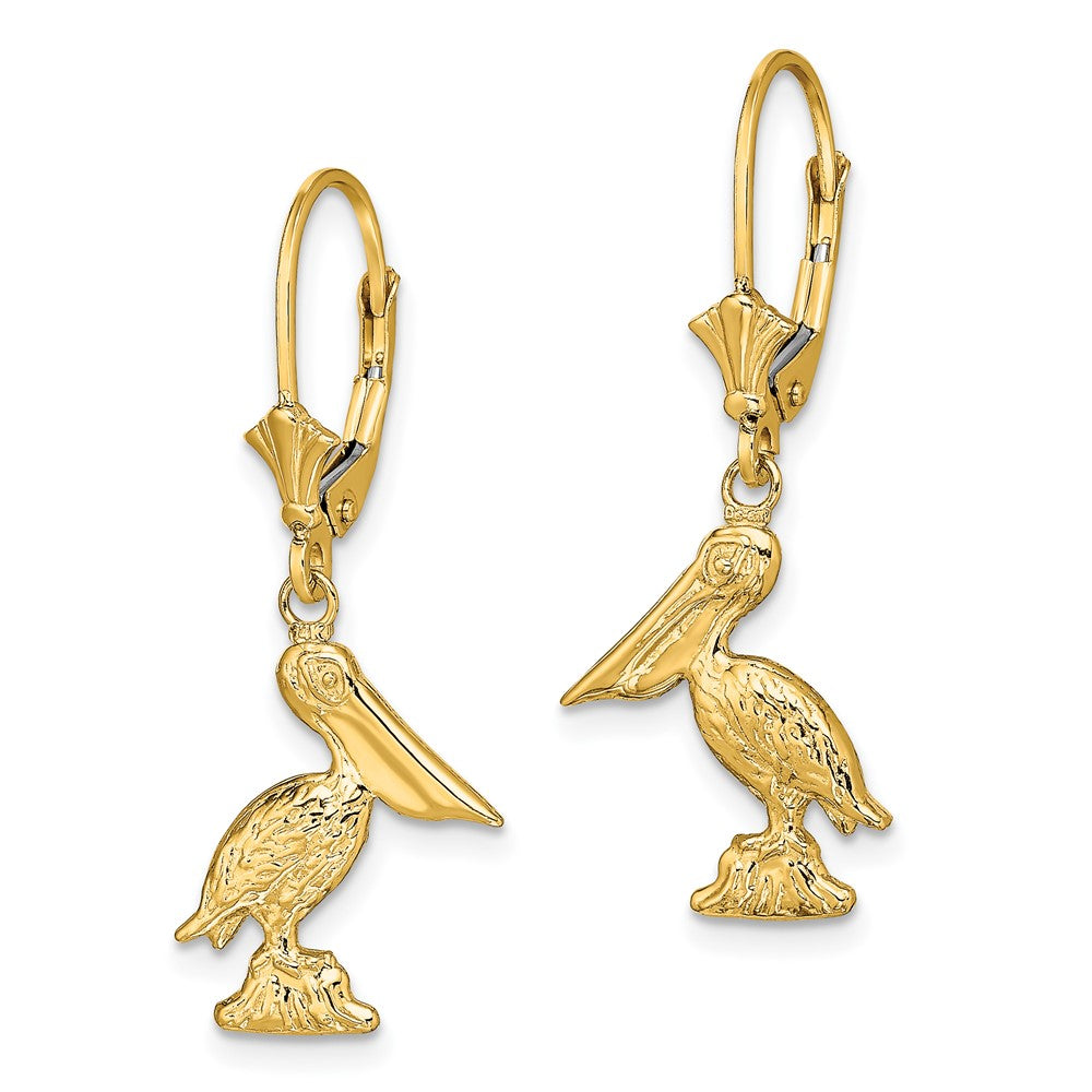 14k Yellow Gold 12.6 mm 3-D Pelican Standing Leverback Earrings (3.19 grams)