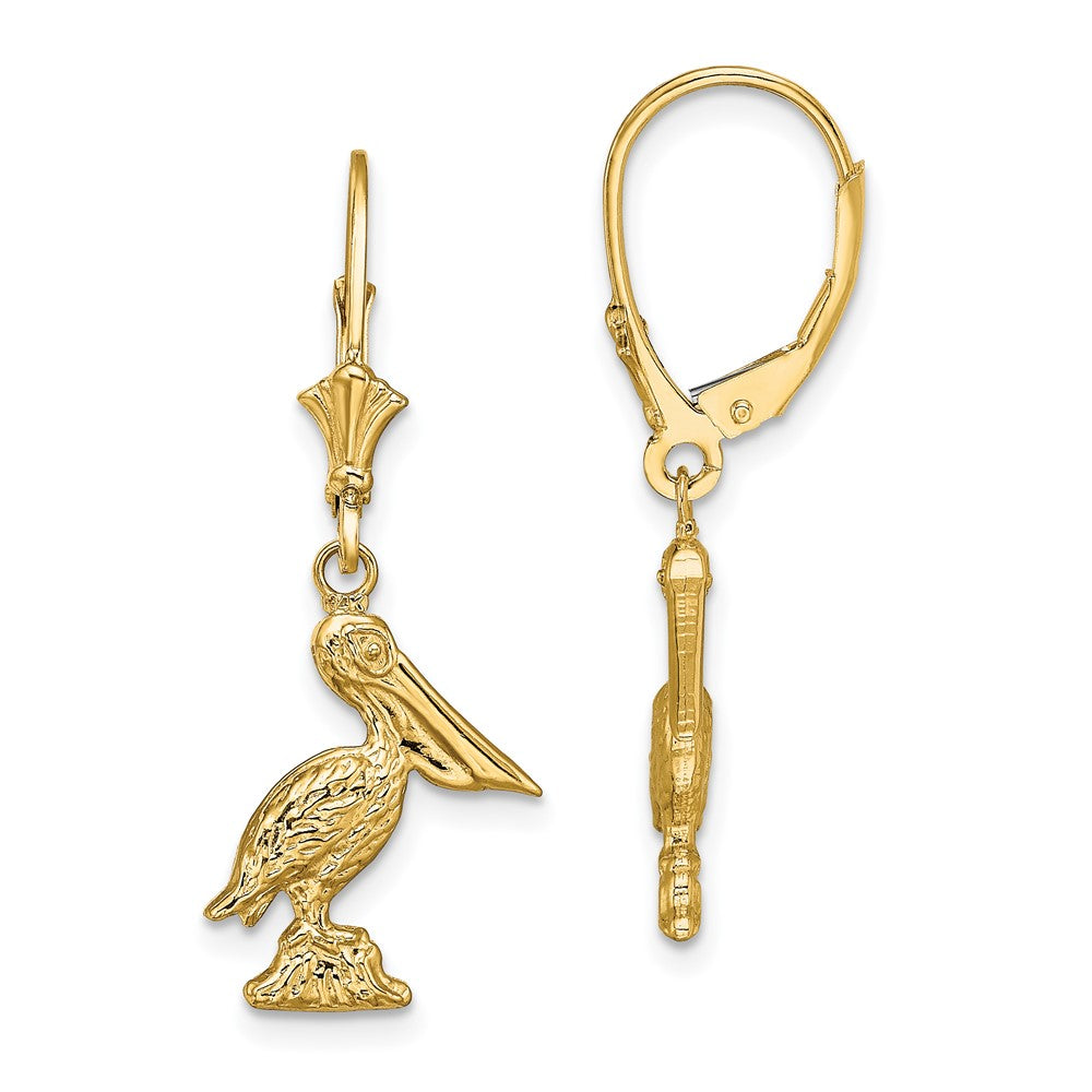 14k Yellow Gold 12.6 mm 3-D Pelican Standing Leverback Earrings (3.19 grams)