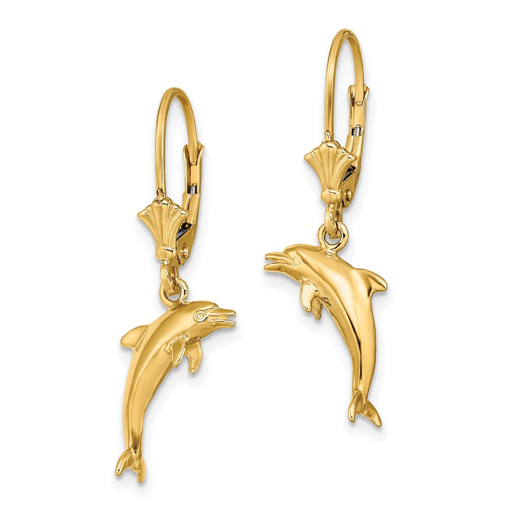 14k Yellow Gold 16 mm 3-D Mini Dolphin Jumping Leverback Earrings (3.46 grams)