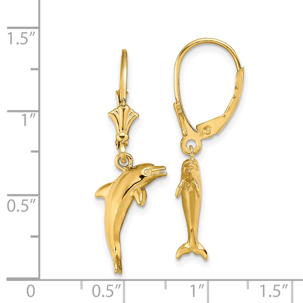 14k Yellow Gold 16 mm 3-D Mini Dolphin Jumping Leverback Earrings (3.46 grams)