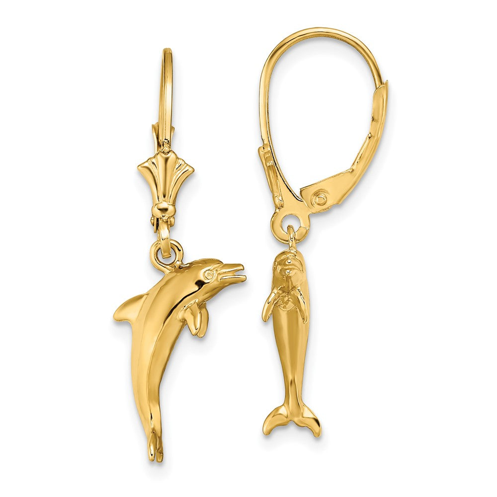 14k Yellow Gold 16 mm 3-D Mini Dolphin Jumping Leverback Earrings (3.46 grams)