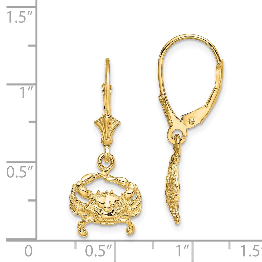 14k Yellow Gold 11.6 mm 2-D Blue Crab Leverback Earrings (2.19 grams)