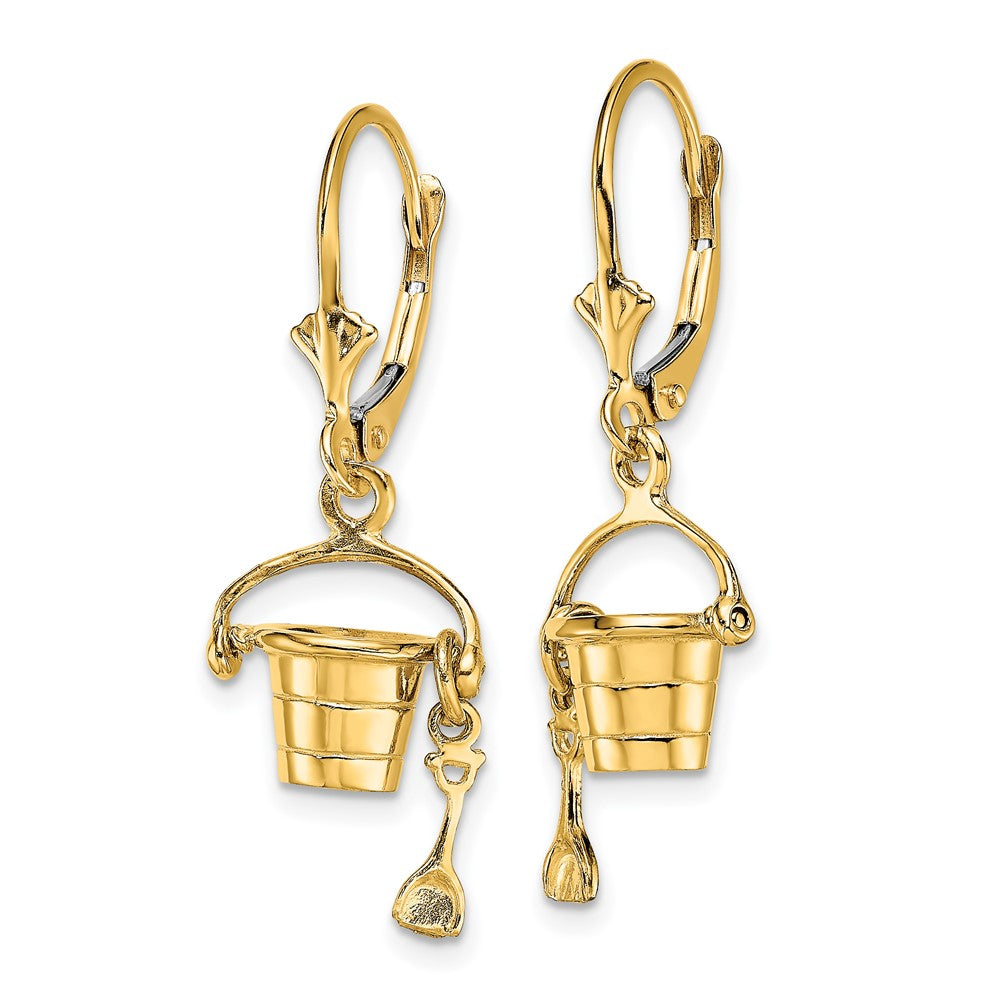 14k Yellow Gold 11.15 mm 3-D Beach Bucket w/ Shovel Leverback Earrings (3.45 grams)