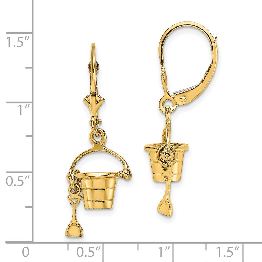 14k Yellow Gold 11.15 mm 3-D Beach Bucket w/ Shovel Leverback Earrings (3.45 grams)