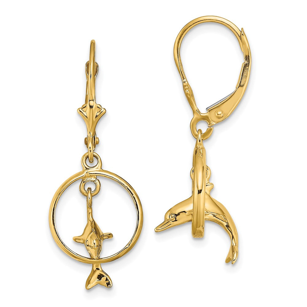 14k Yellow Gold 12 mm 3-D Dolphin Jumping Through Hoop Leverback Earrings (2.97 grams)