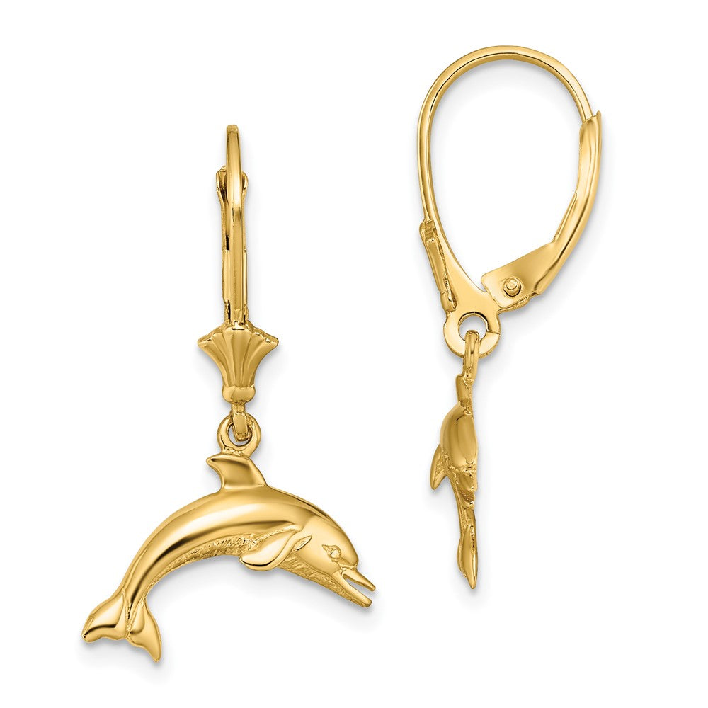 14k Yellow Gold 16.2 mm Jumping Dolphin Leverback Earrings (1.9 grams)