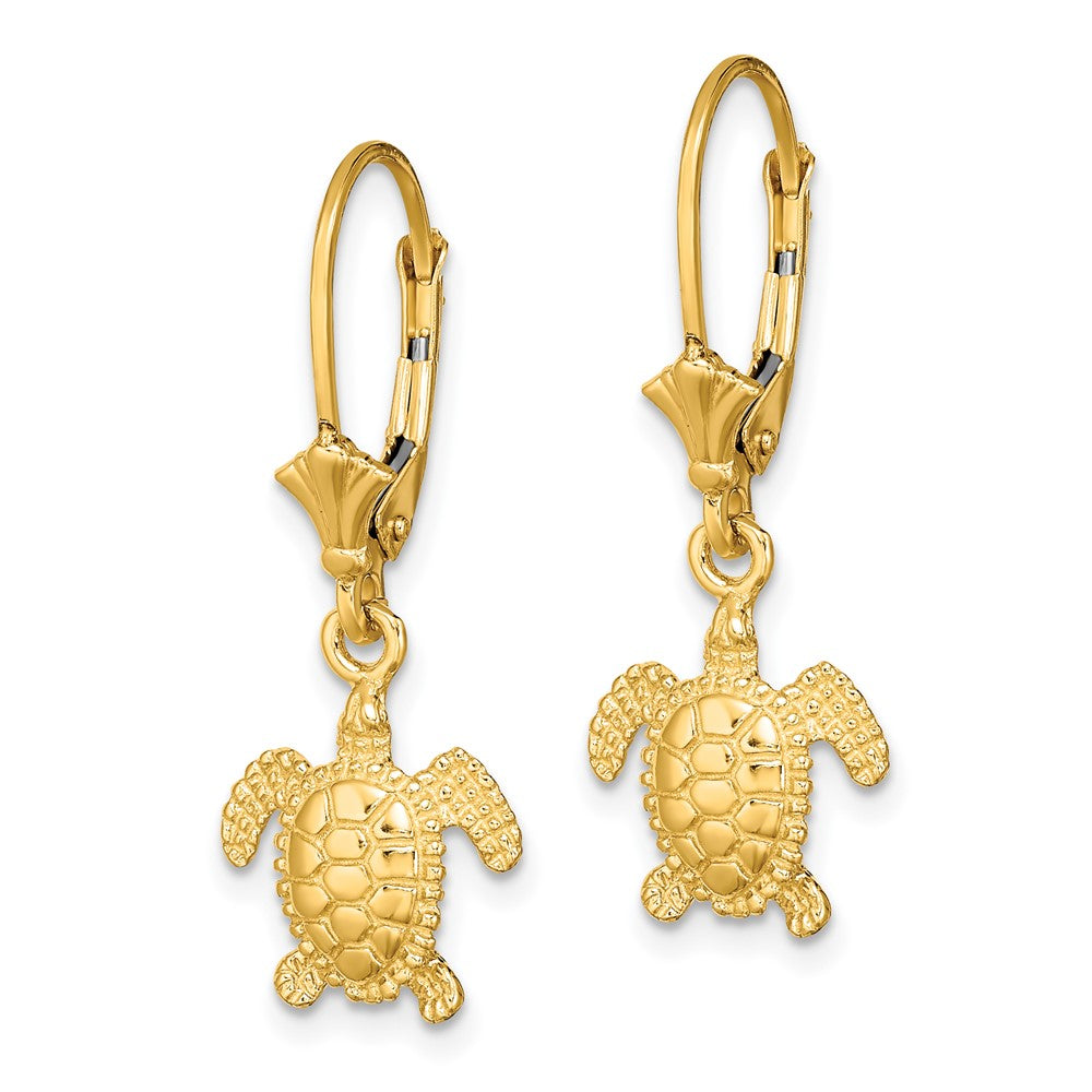 14k Yellow Gold 29.5 mm 3-D Polished Mini Sea Turtle Leverback Earrings (2.61 grams)
