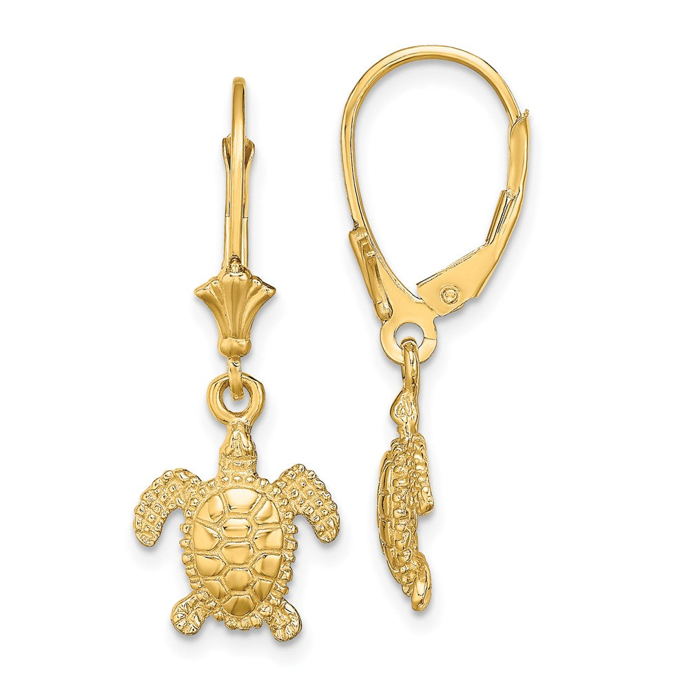 14k Yellow Gold 29.5 mm 3-D Polished Mini Sea Turtle Leverback Earrings (2.61 grams)