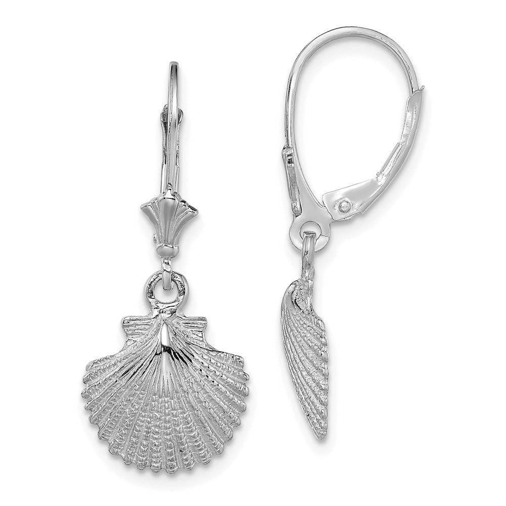 14k White Gold 12.4 mm and Textured Scallop Shell Leverback Earrings (2.88 grams)