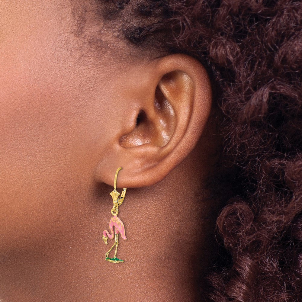 14k Yellow Gold 11.2 mm W/ Enamel 3-D Flamingo Leverback Earrings (2.7 grams)