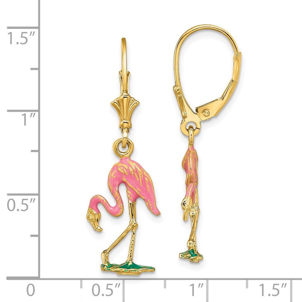 14k Yellow Gold 11.2 mm W/ Enamel 3-D Flamingo Leverback Earrings (2.7 grams)