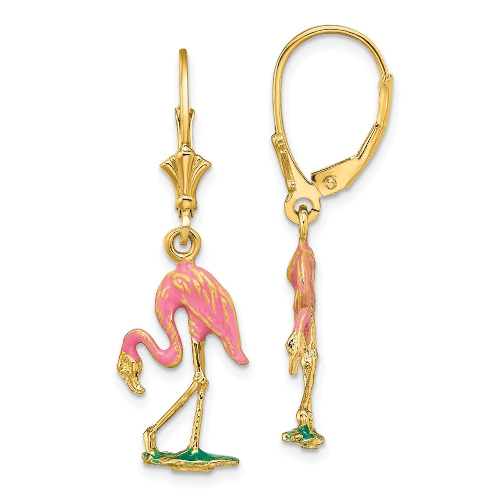 14k Yellow Gold 11.2 mm W/ Enamel 3-D Flamingo Leverback Earrings (2.7 grams)