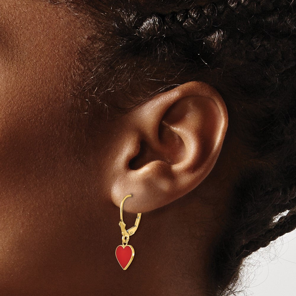14k Yellow Gold 9 mm Polished Enameled Heart Dangle Leverback Earrings (1.44 grams)