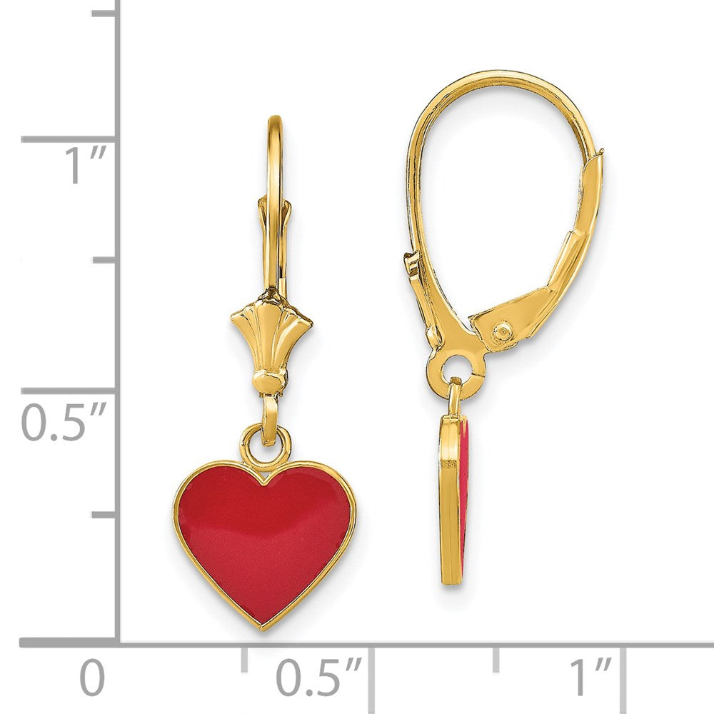 14k Yellow Gold 9 mm Polished Enameled Heart Dangle Leverback Earrings (1.44 grams)