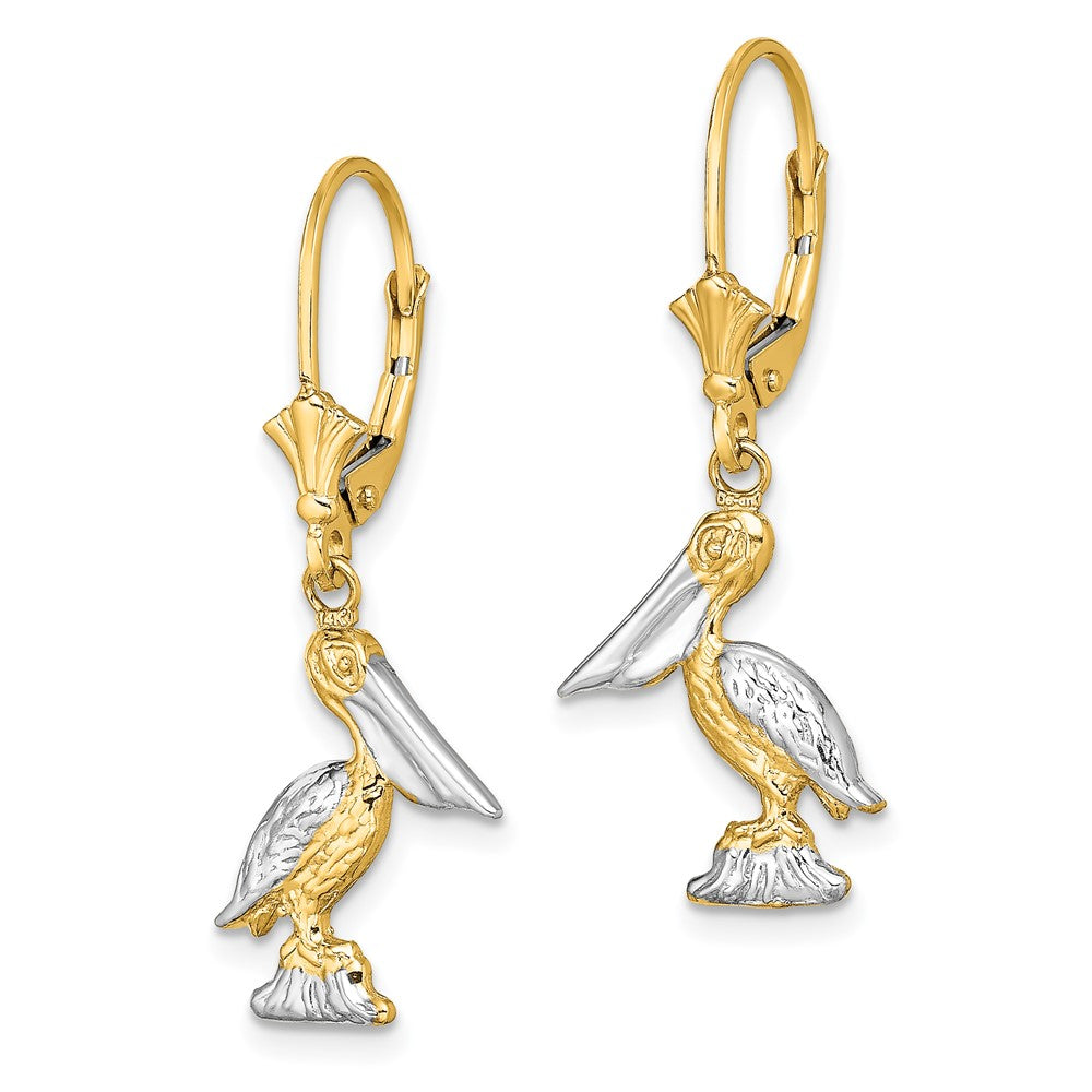 14k Yellow & Rhodium 13.55 mm 3-D Pelican Standing W/ Leverback Earrings (3.23 grams)