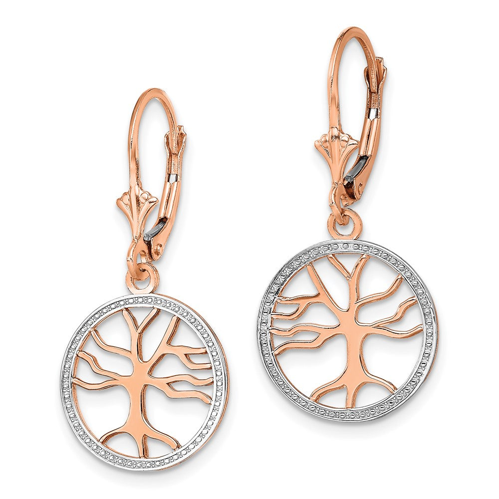 14k Yellow & Rhodium 14.95 mm Tree of Life w/ RH Round Frame Leverback Earrings (2.23 grams)