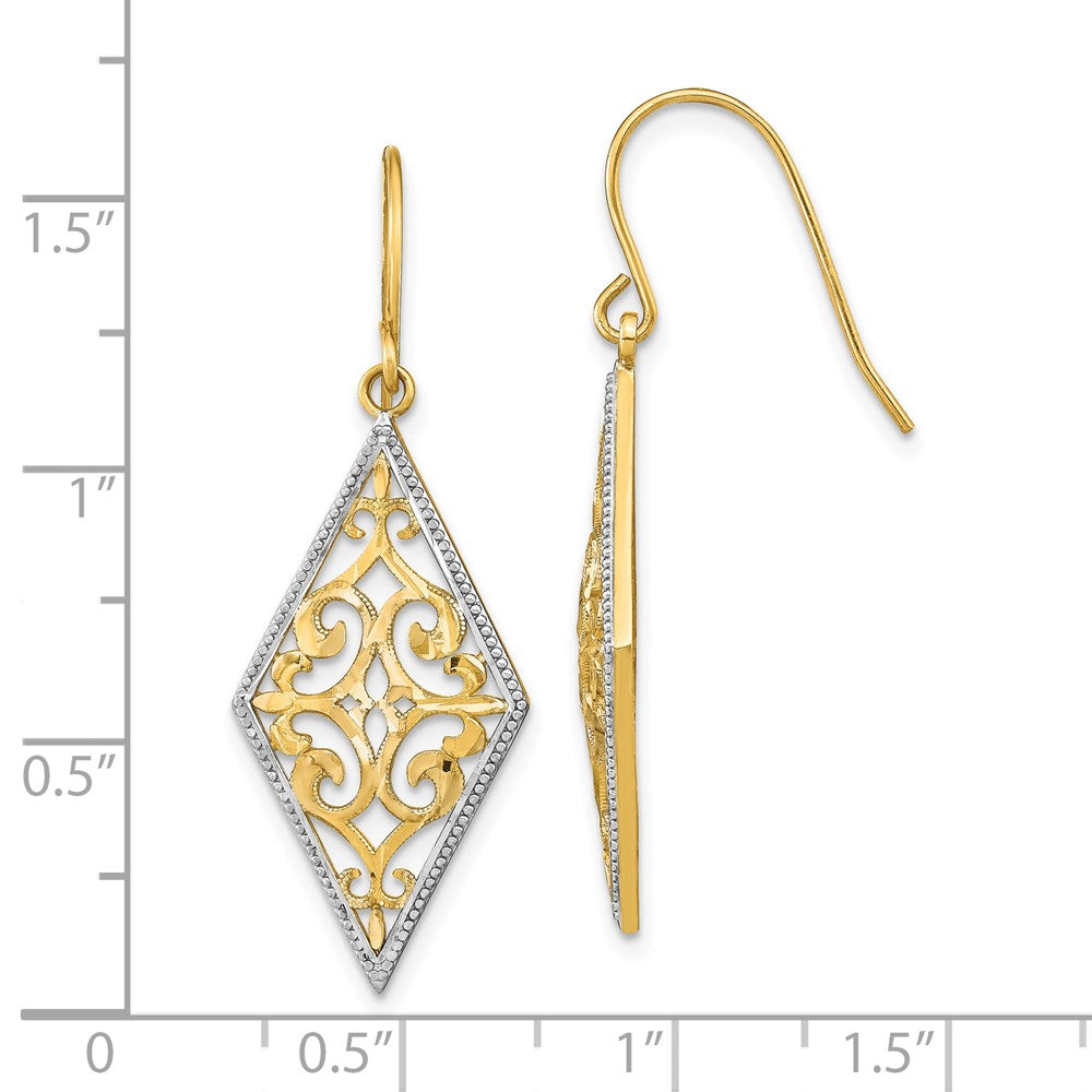 14k Yellow & Rhodium 14 mm Diamond Shape Filigree Dangle Earrings (2.64 grams)
