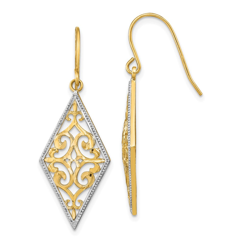 14k Yellow & Rhodium 14 mm Diamond Shape Filigree Dangle Earrings (2.64 grams)