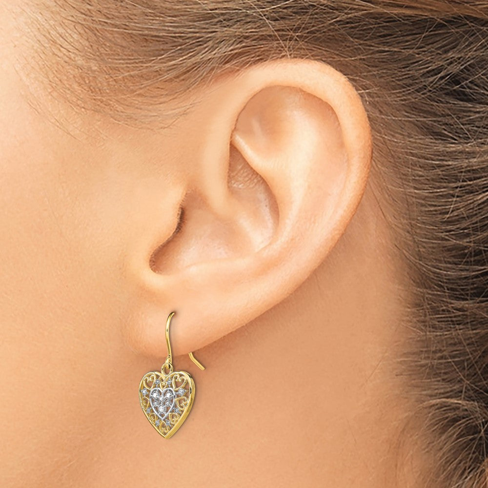 14k Yellow & Rhodium 13 mm Polished Filigree Hearts Shepherd Hook Earrings (1.39 grams)