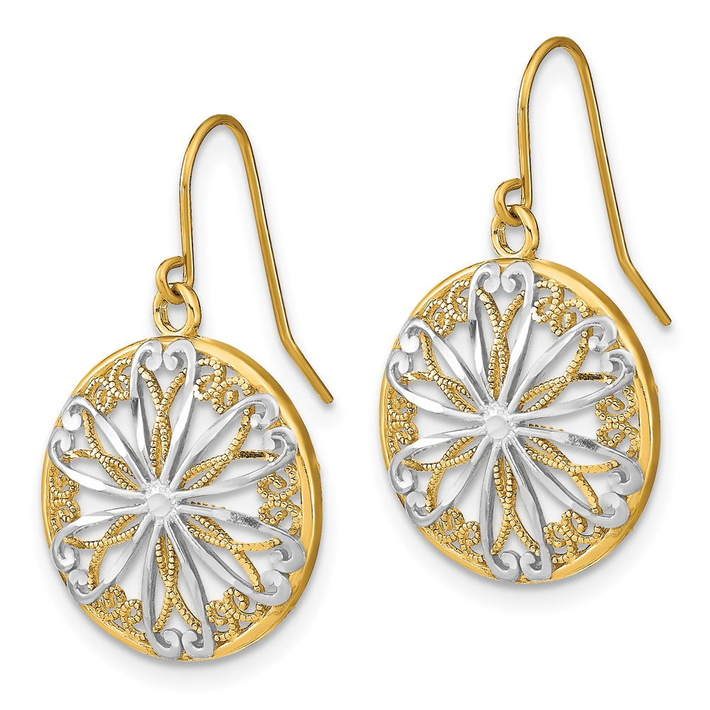 14k Yellow & Rhodium 15 mm Filigree Medallion Dangle Earrings (2.11 grams)