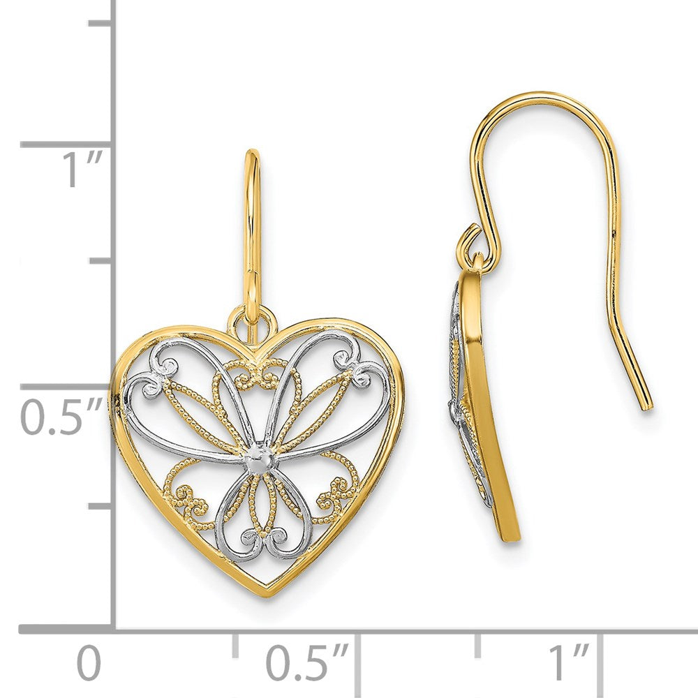 14k Yellow & Rhodium 16 mm Polished Filigree Heart Shepherd Hook Earrings (1.66 grams)