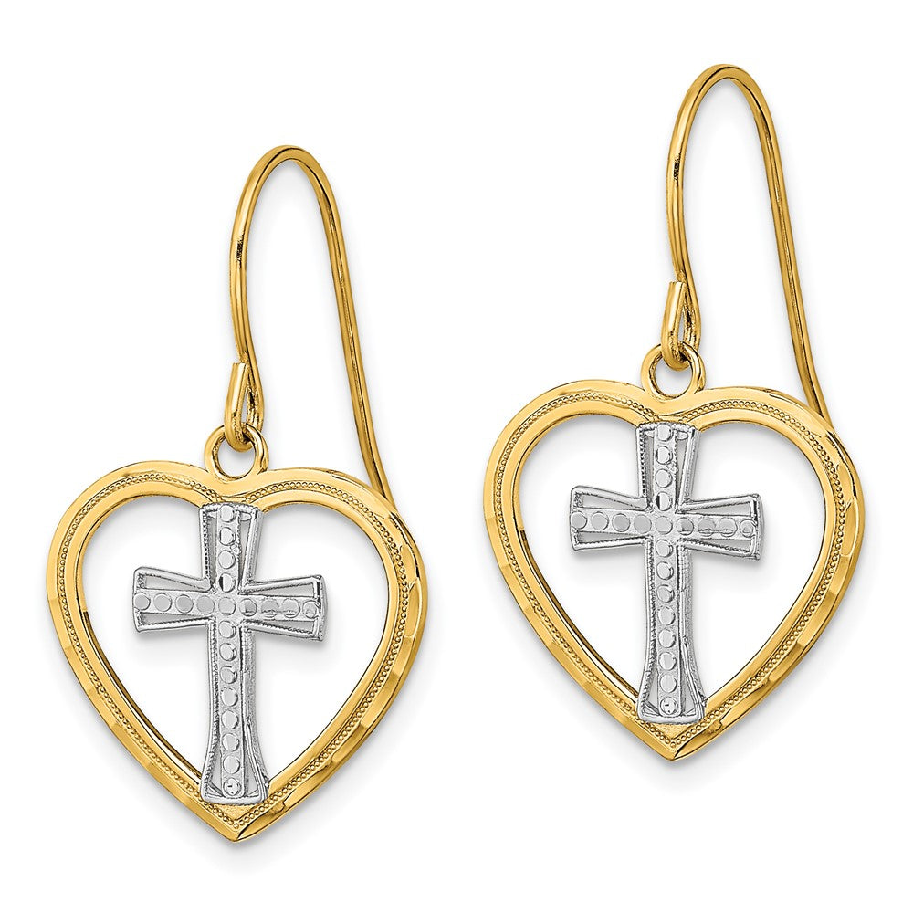 14k Yellow & Rhodium 16.3 mm Cross In Center Heart Earrings (1.98 grams)