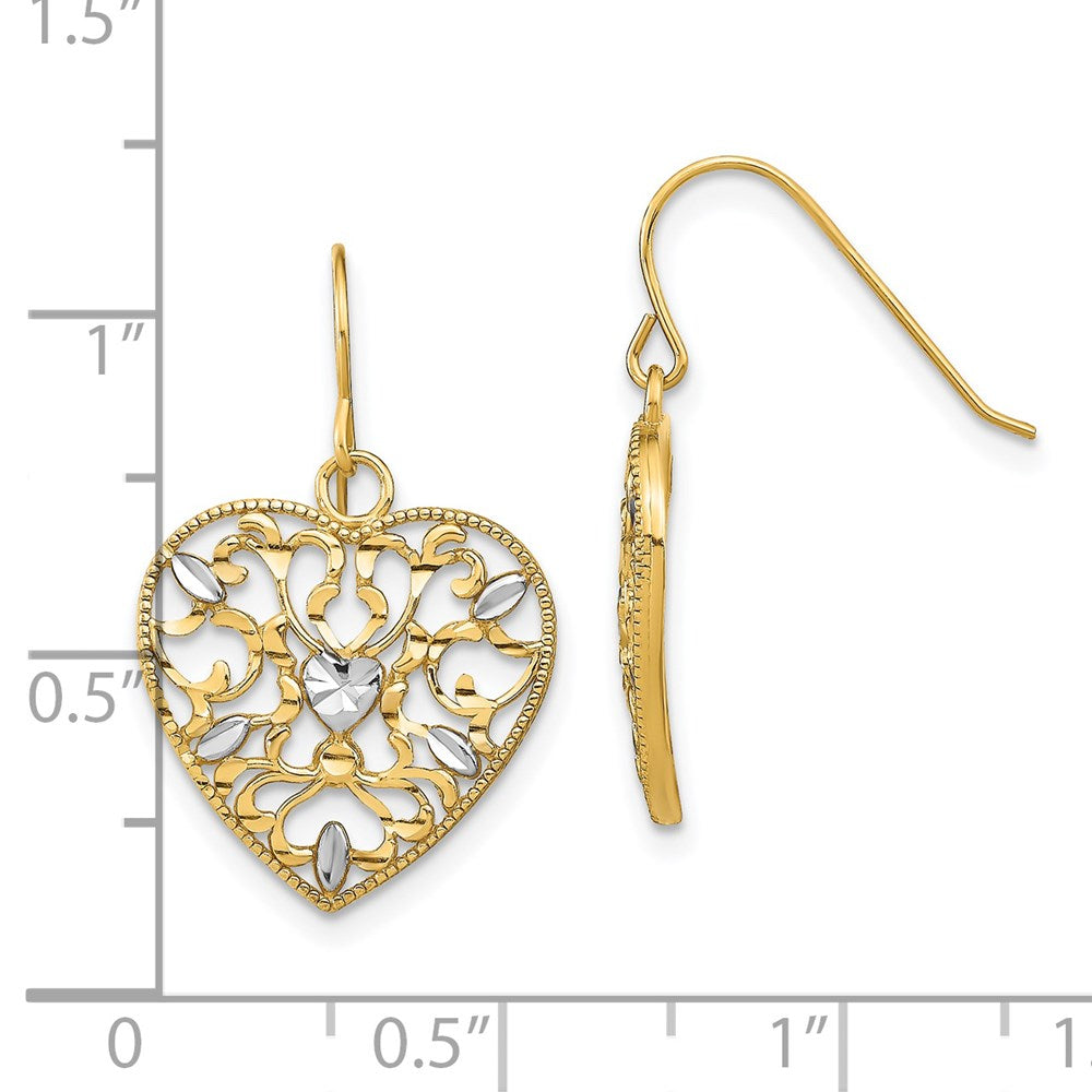 14k Yellow & Rhodium 15.5 mm w/ RH Filigree Cut-Out Heart Wire Earrings (1.84 grams)