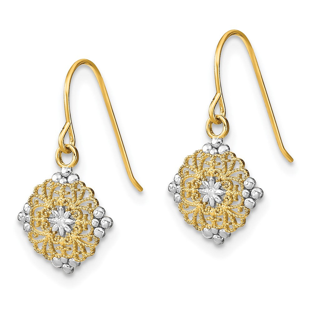 14k Yellow & Rhodium 10 mm D/C Center Mini Filigree Medallion Earrings (0.74 grams)
