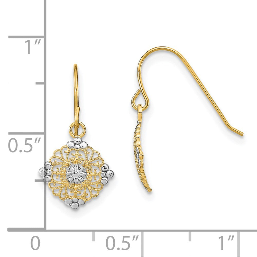 14k Yellow & Rhodium 10 mm D/C Center Mini Filigree Medallion Earrings (0.74 grams)