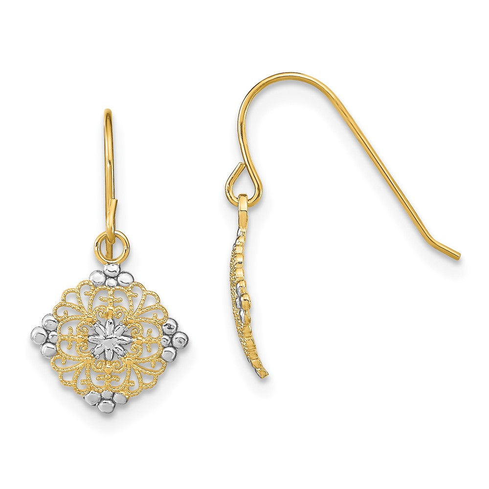 14k Yellow & Rhodium 10 mm D/C Center Mini Filigree Medallion Earrings (0.74 grams)