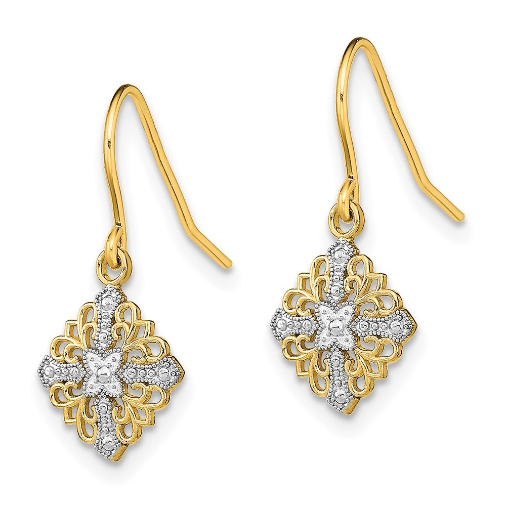 14k Yellow & Rhodium 10 mm Fancy Filigree Dangle Wire Earrings (0.84 grams)