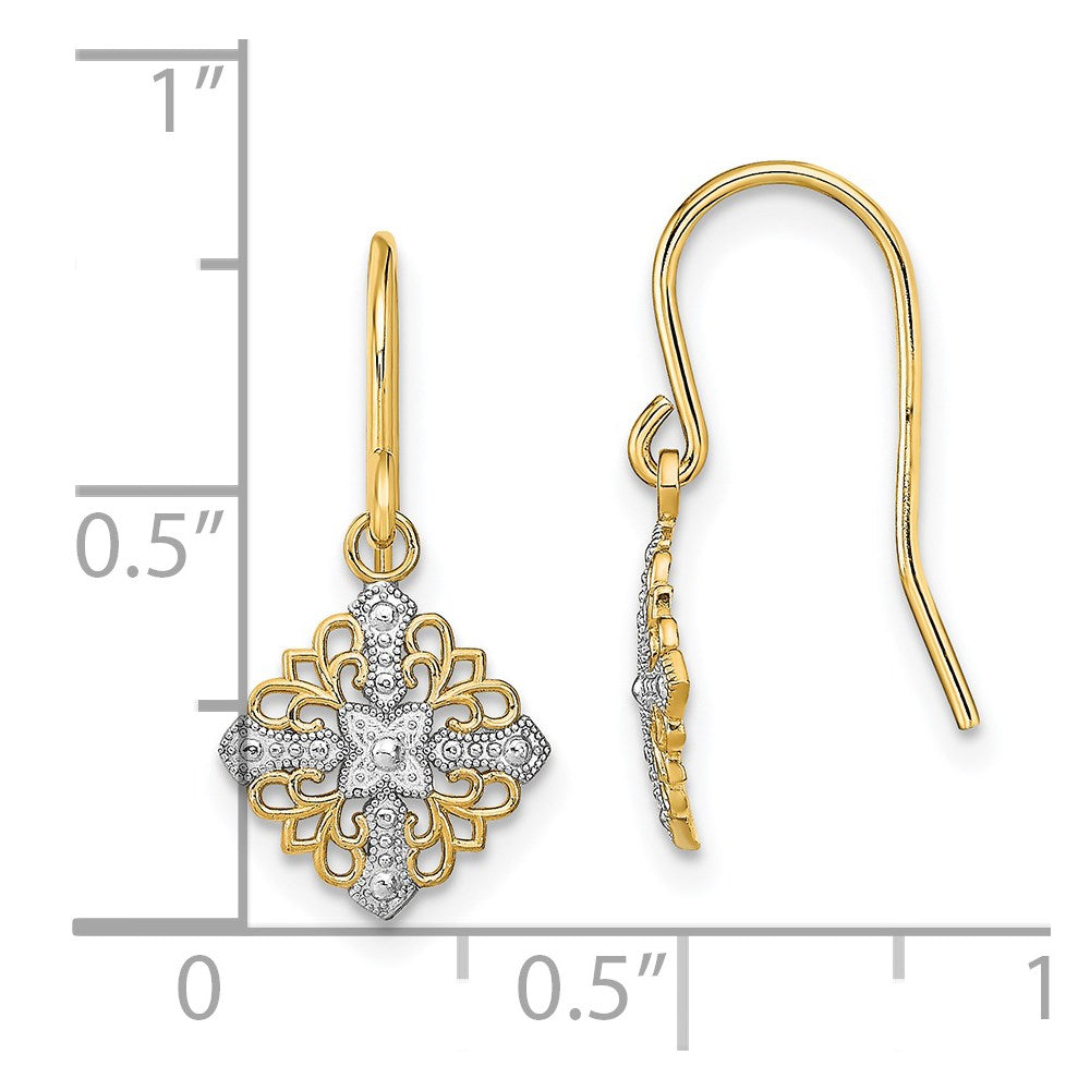 14k Yellow & Rhodium 10 mm Fancy Filigree Dangle Wire Earrings (0.84 grams)