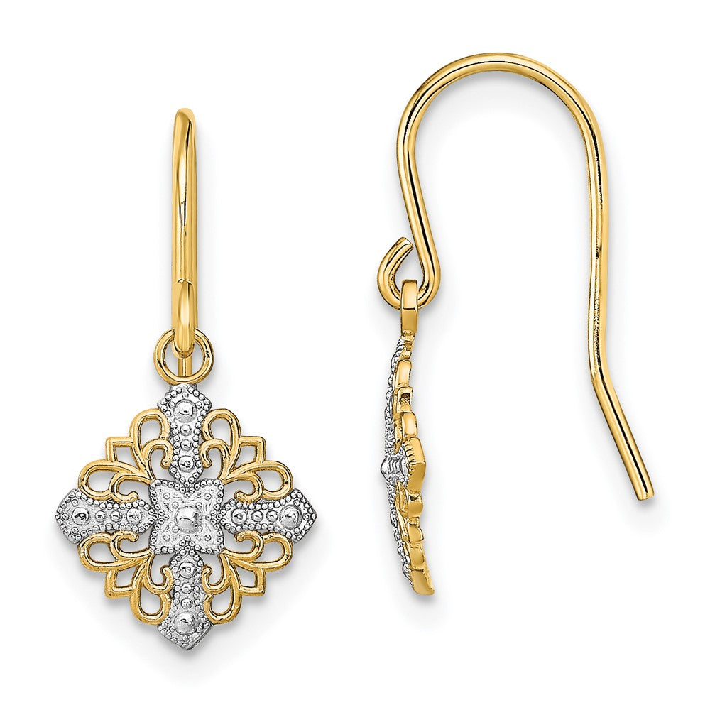 14k Yellow & Rhodium 10 mm Fancy Filigree Dangle Wire Earrings (0.84 grams)
