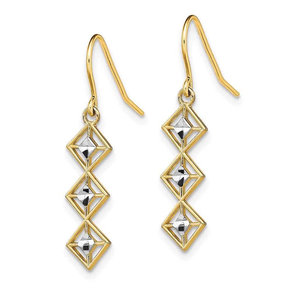 14k Yellow & Rhodium 6 mm Fancy Diamond-cut Dangle Wire Earrings (0.97 grams)