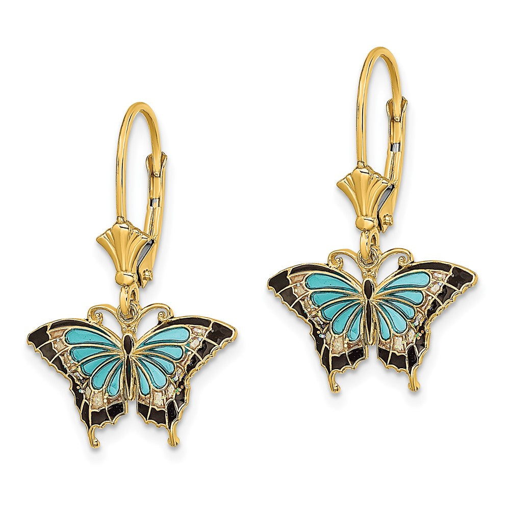 14k Yellow Gold 17.2 mm w/Aqua Enameled Wings Butterfly Leverback Earrings (1.74 grams)