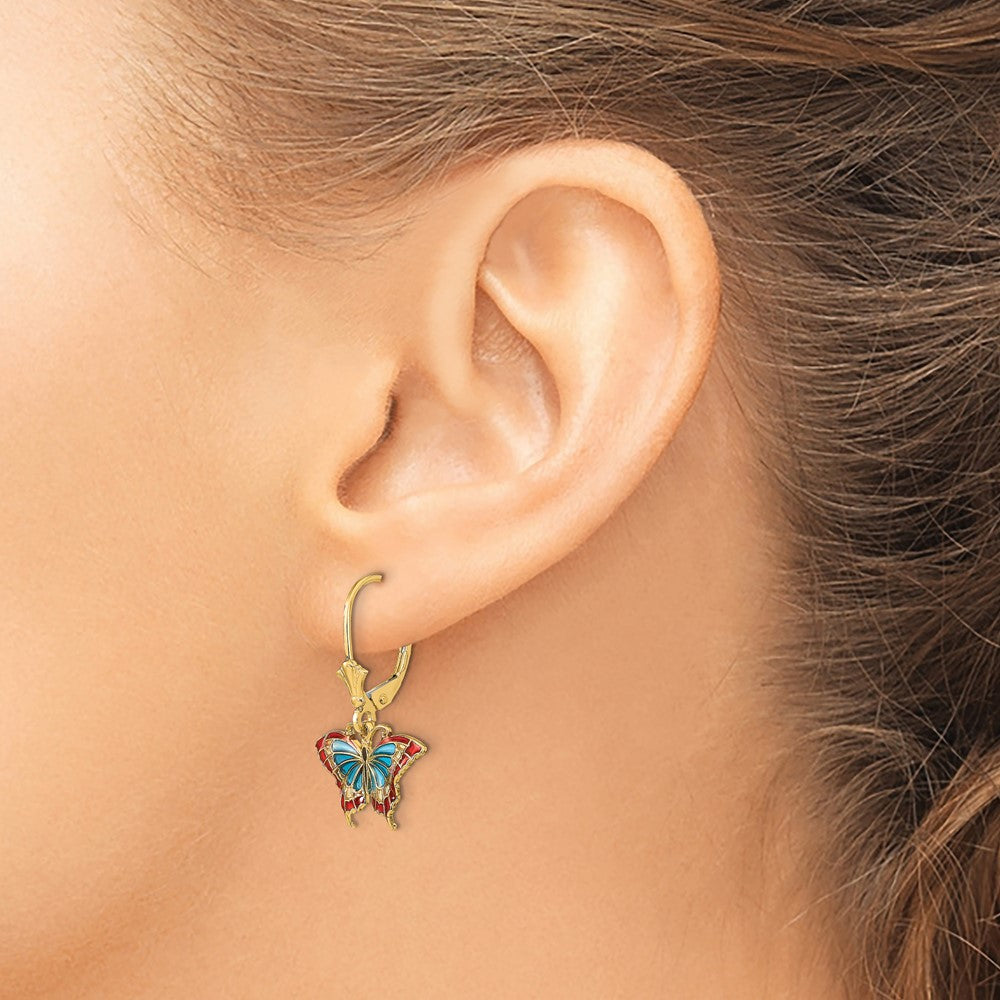 14k Yellow Gold 17.2 mm w/Blue and Red Enameled Wings Butterfly Leverback Earrings (1.69 grams)