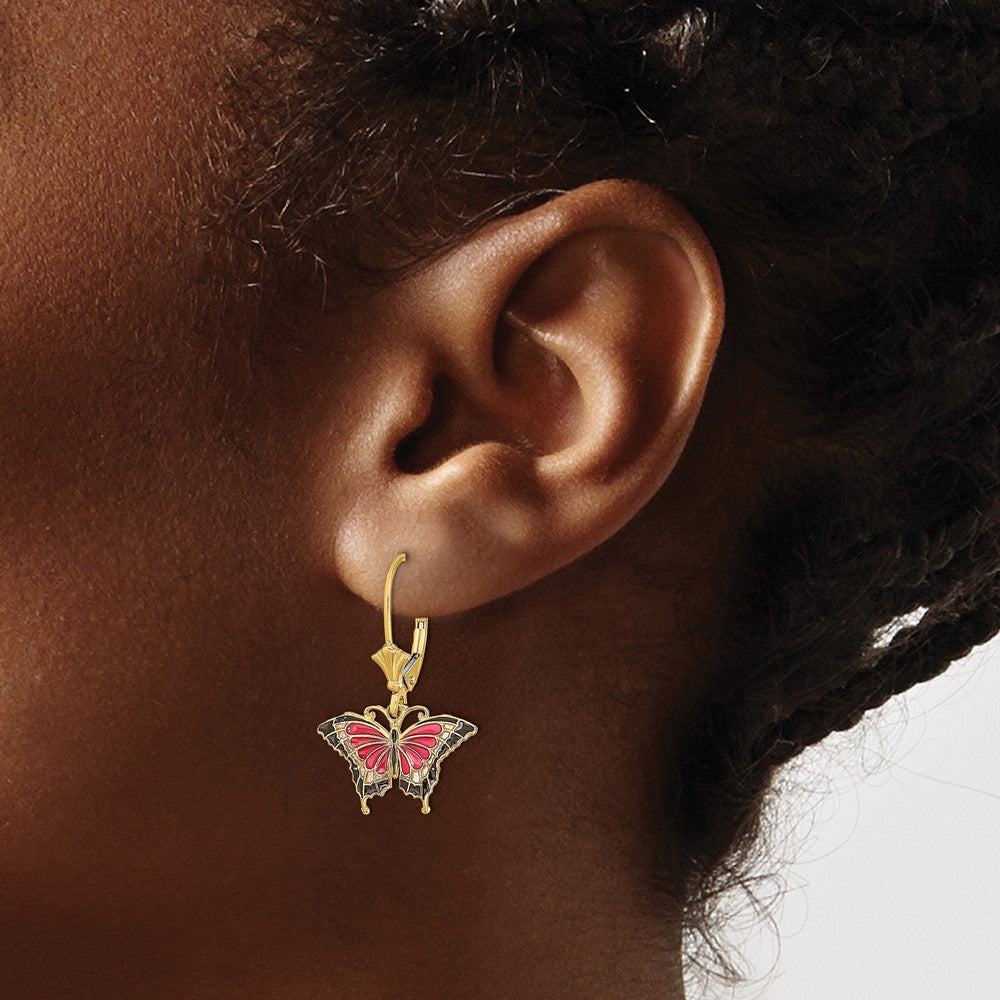 14k Yellow Gold 17.2 mm Pink Enameled Butterfly Leverback Earrings (1.71 grams)