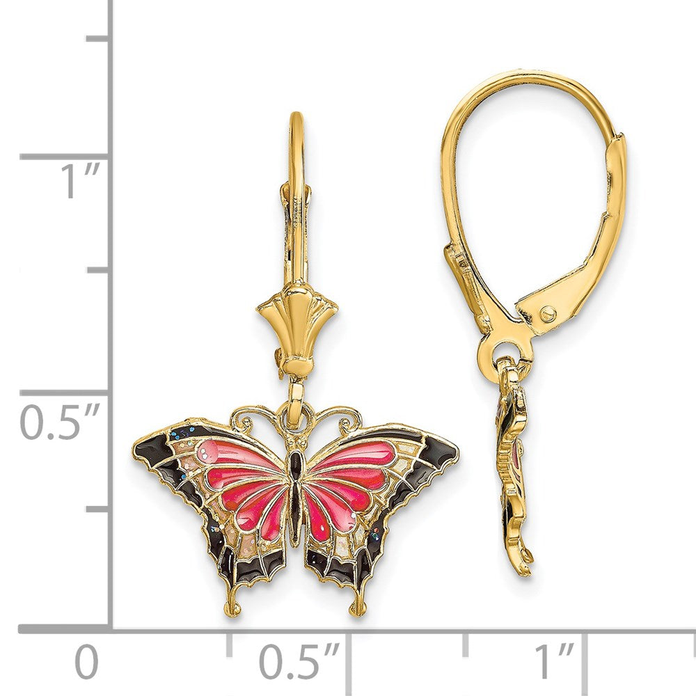 14k Yellow Gold 17.2 mm Pink Enameled Butterfly Leverback Earrings (1.71 grams)