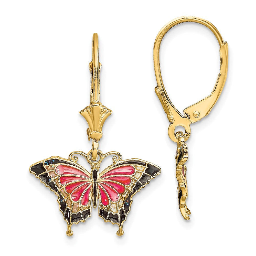 14k Yellow Gold 17.2 mm Pink Enameled Butterfly Leverback Earrings (1.71 grams)