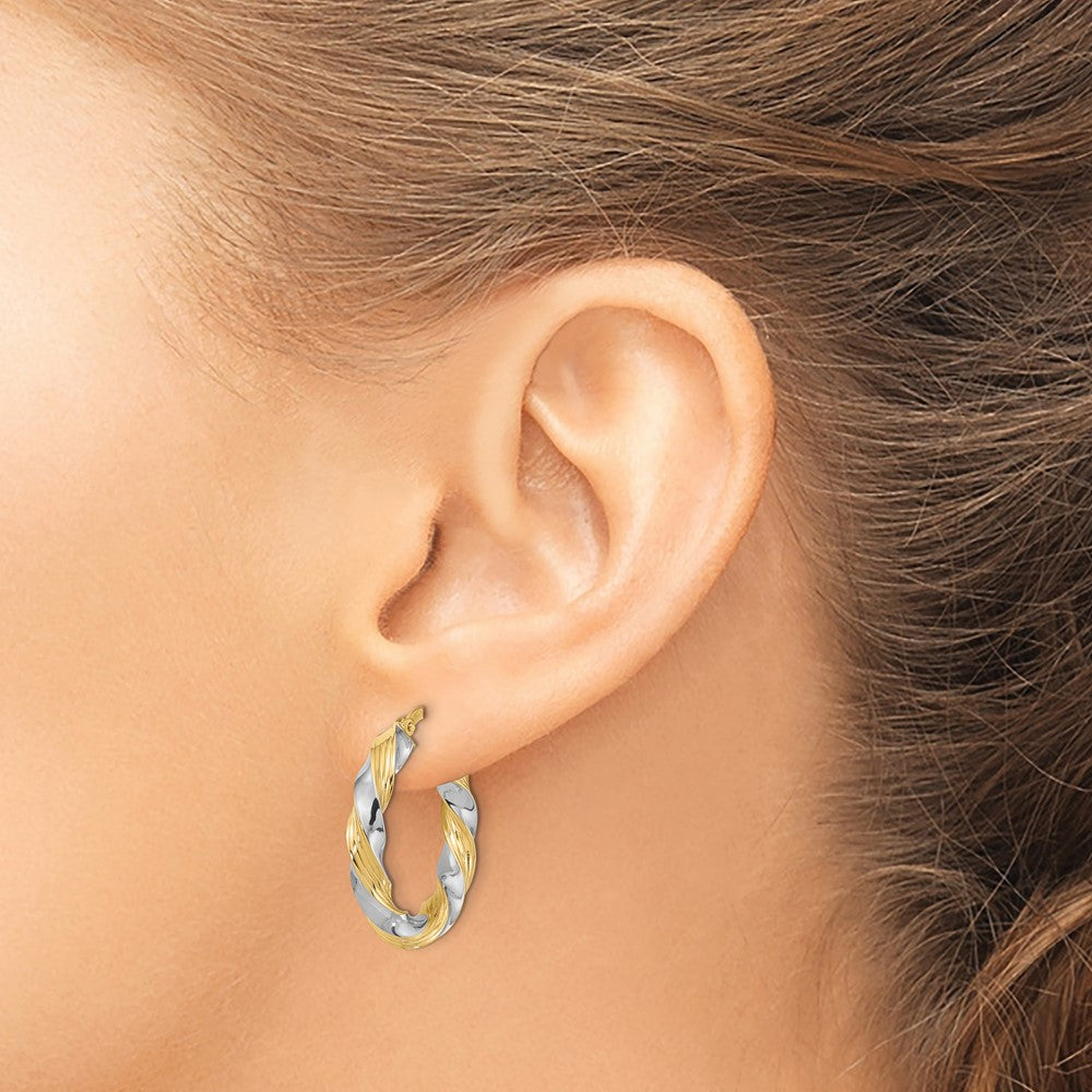 14k Yellow & Rhodium 24 mm Polished Twisted Hoop Earrings (2.25 grams)