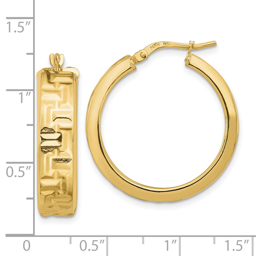 14k Yellow Gold 26 mm Polished Textured Aztec Pattern Hoop Earrings (5.13 grams)