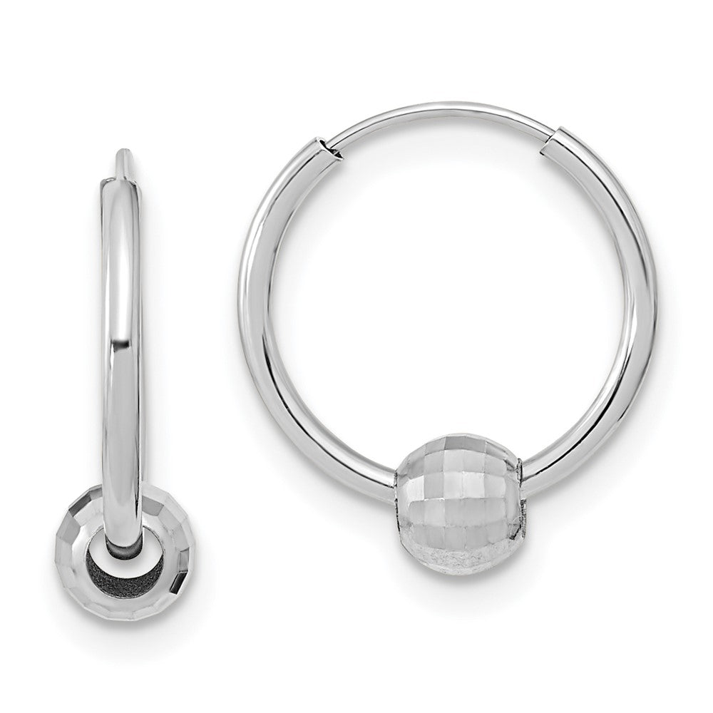 14k White Gold 13.86 mm Polished Hoop with a Diamond Cut Ball Earrings (0.53 grams)