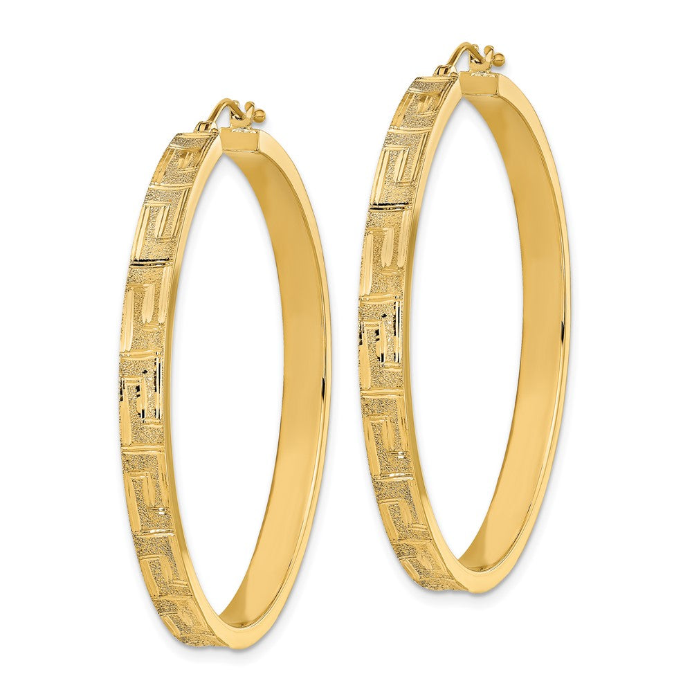14k Yellow Gold 44.67 mm Polished and Satin Greek Pattern Hoop Earrings (5.01 grams)